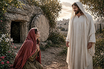 Mary Magdalene and Jesus standing outside the tomb